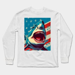 American Flag Patriotism and Freedom Great White Shark Long Sleeve T-Shirt